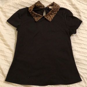silence + noise Black Short Sleeve Tee with Leopard Print Collar